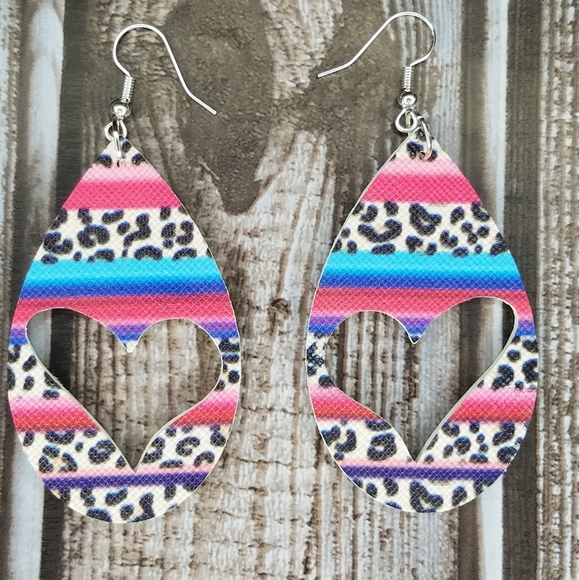 Jewelry - Valentine's Faux Leather Earrings Cheetah Heart
